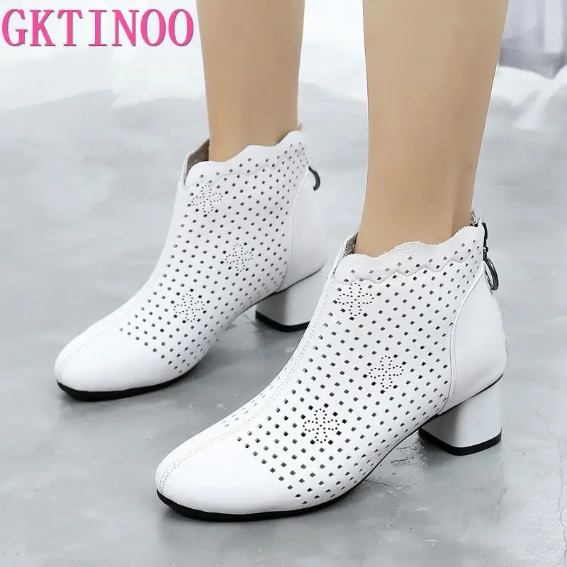 

GKTINOO 2023 Summer Ankle Boots Genuine Leather Shoes Women Med High Heel Back Zipper Boots Cutout breathable Mujer Zapatos