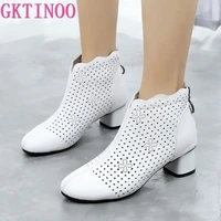 gktinoo 2022 summer ankle boots genuine leather shoes women med high heel back zipper boots cutout breathable mujer zapatos