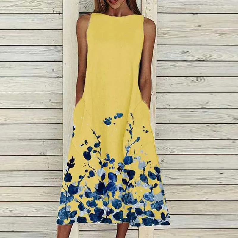 

Women Casual Floral Print A-Line Party Dress 2021 Spring Summer O Neck Midi Dress Sexy Sleeveless Pocket Plus Size Dress Vestido