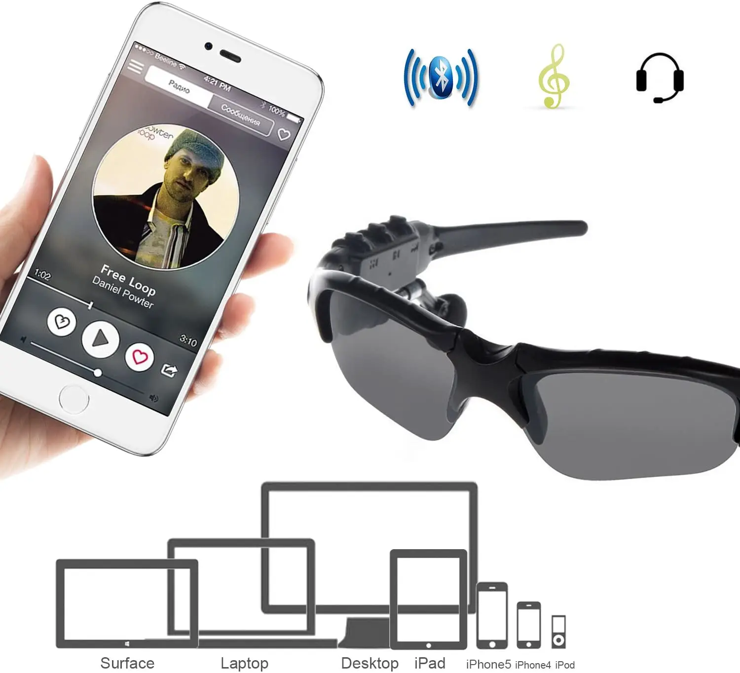 구매 TechKen 선글라스 헤드셋 헤드폰 블루투스 무선 음악 선글라스 헤드셋 IPhone Zuidis Bluetooth와 호환 가능