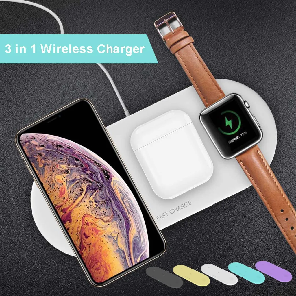 Беспроводное быстрое зарядное устройство 3в1 Qi держатель для iWatch5 iPhone 11/Pro/Max Airpods1th