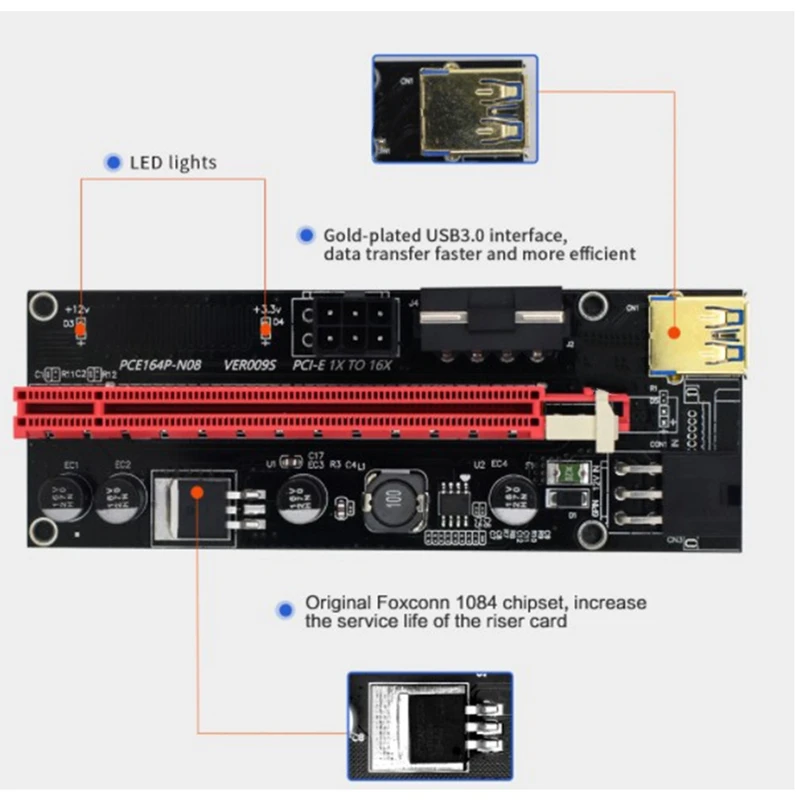 5 шт. 3 в 1 Райзер-карта PCI-E 009S PCIE PCI E Extender USB 0 SATA к 6Pin адаптеру кабель Майнинг Майнер