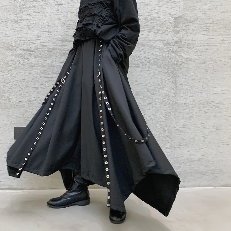 

2021 New Men Ribbon Dark Black Wide Leg Pants Male Women Japan Streetwear Punk Gothic Harem Trousers Kimono Skirt Pants