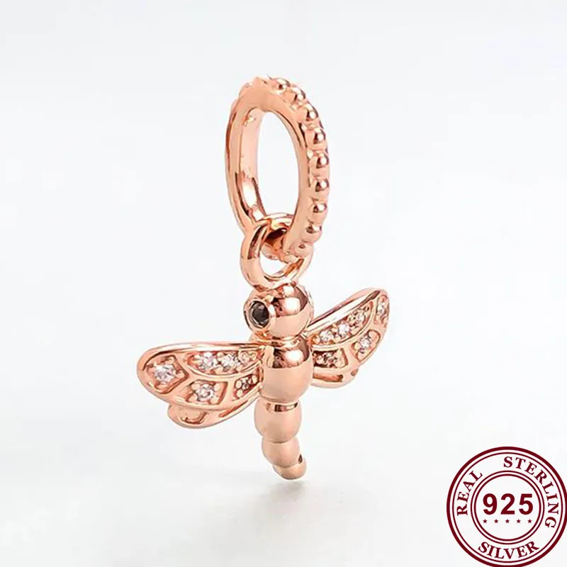 

2020 New 925 Sterling Silver Charm Rose Gold Glittering Dragonfly Pendant Fit Pandora Women Bracelet & Necklace Diy Jewelry