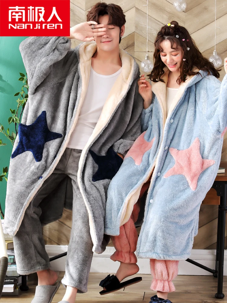 Nanjiren Couple Pajamas Autumn and Winter Coral Fleece Men and Women Thickened Fleece Lined Long Nightgown Flannel Warm Suit