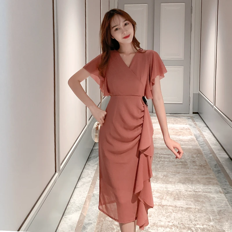 

Женское винтажное платье с рюшами, Элегантное повседневное платье с коротким рукавом и v-образным вырезом, вечерние платья в Корейском стил...