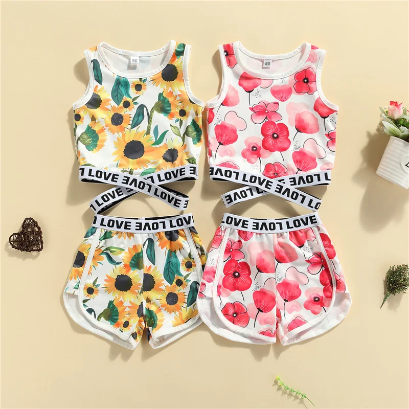 

Летние комплекты одежды для маленьких девочек 2-7 лет, детские топы с буквенным цветочным принтом и круглым вырезом и перекрестными вырезами...