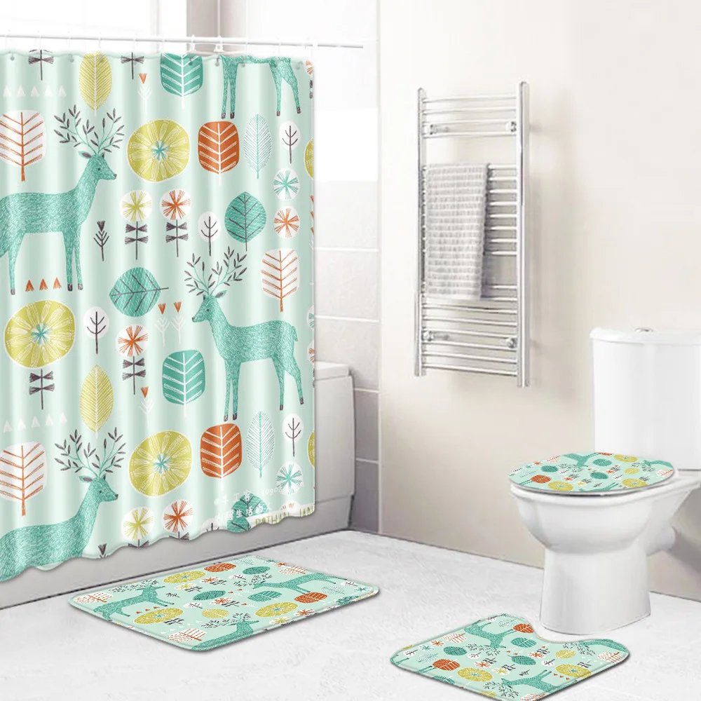 Zeegle 4PCS Bath Mat Set Shower Curtain Flannel Soft Toilet Seat Cover Absorbent Pedestal Rug Foot | Дом и сад