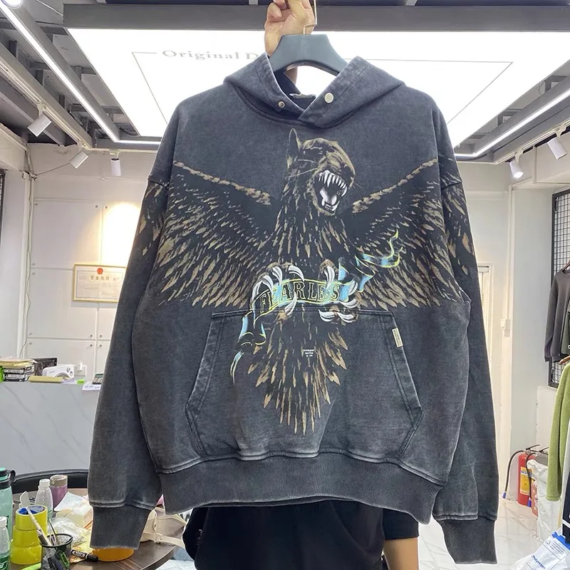 

Black Eagle Wash vintage fur-ringed hoodie loose