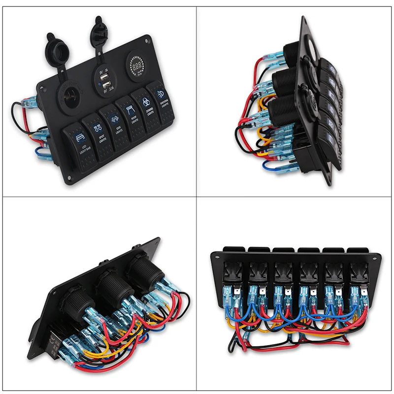 

6 Gang Switch Panel Dual Usb Car Charger 12V Voltmeter Auto Boat Marine Blue Led Rocker Switch Panel Cigarette Lighter Splitter