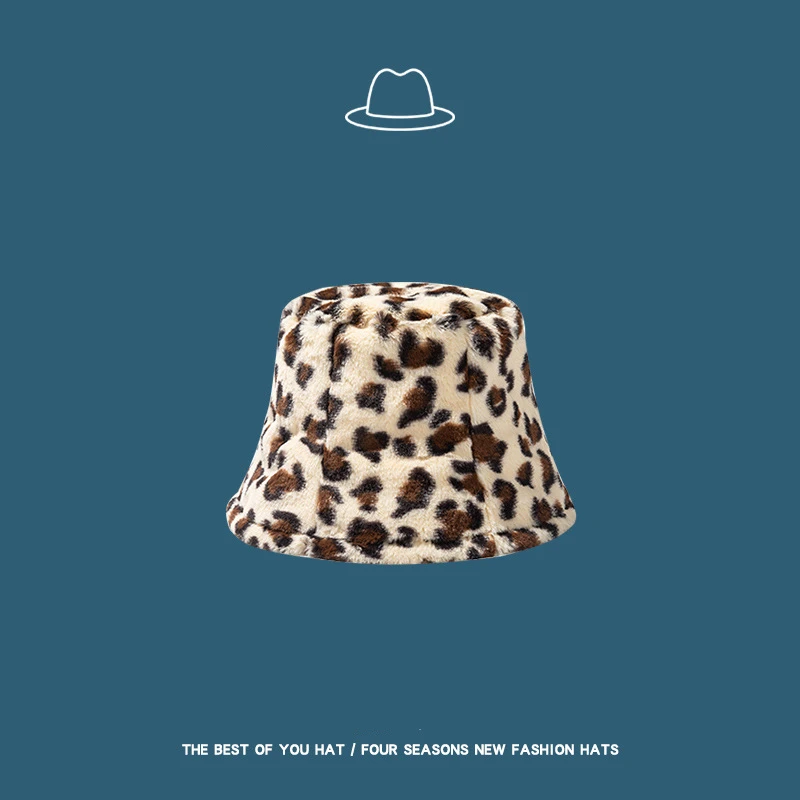 

Korean Style Fashion Leopard Printed Thick Rabbit Hair Bucket Hats For Women Girls Outdoor Sun Hat Warm Winter Autumn Caps