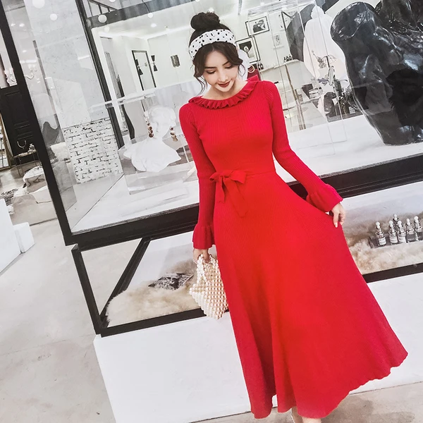 2019 осеннее и зимнее элегантное однотонное длинное платье-свитер для женщин с