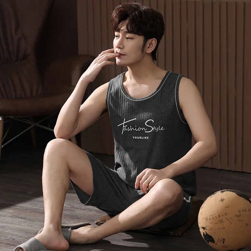 

Summer Men's Pajamas Vest Shorts Casual Loose Sleeveless Striped Home Suit Youth pyjama men
