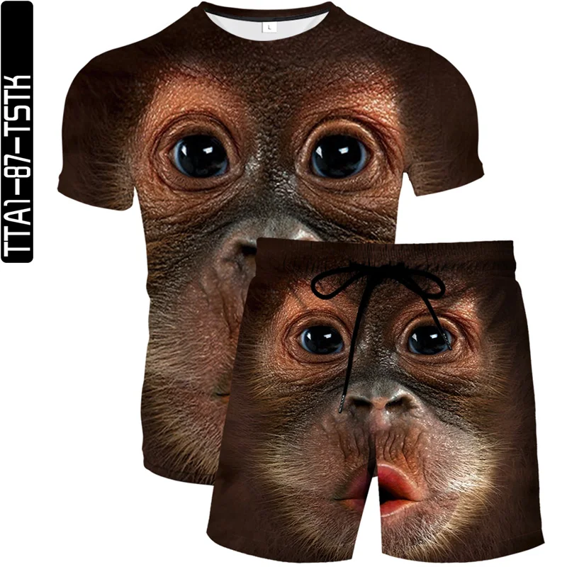 

Summer new men 3D printed beach pants fashion trend boutique T-shirt two-piece Orangutan Face element pattern quick-drying suit