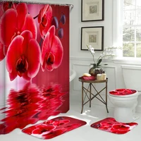 Red Flower Fabric Shower Curtain Flowers Reflection Bathroom Curtains Non-slip Carpet Flannel Toilet Cover Bath Mats Home Decor