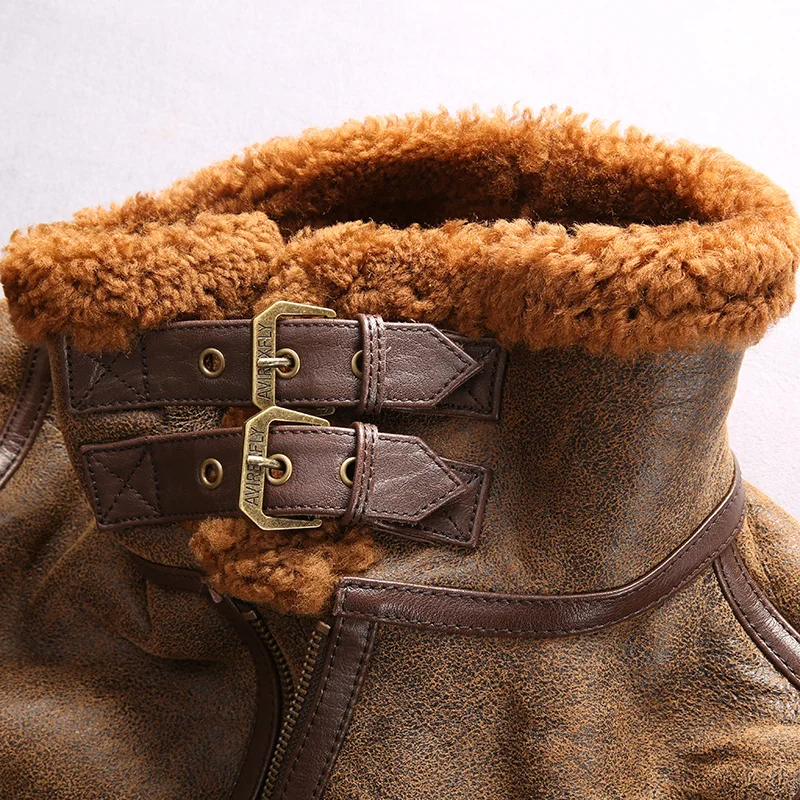 

Warm Super Free Genuine Shipping Sheepskin Jackets High Quality Men's Large Size Bomber Military Shearling Jacket
