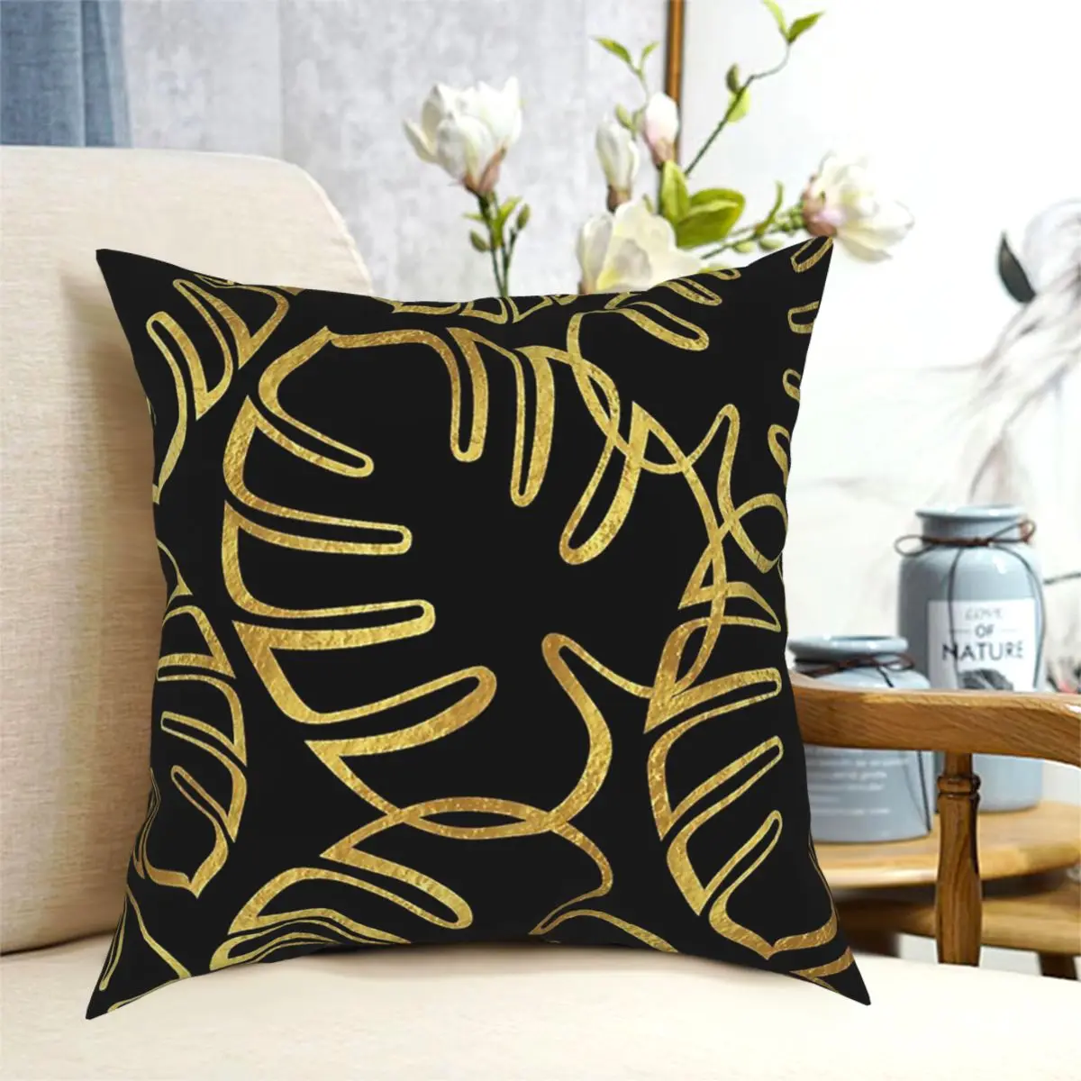 

Tropical Leaves Gold On Black Cushions for Sofa Casual Cushion Covers Decorative Throw Pillows Cover floor pillow for sofa home
