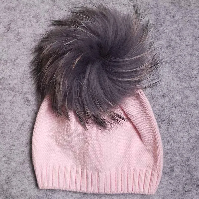 pink1 Новые Мягкие вязаные шапки с помпоном из натурального меха для маленьких мальчиков и девочек, детские зимние Хлопковые вязаные шапки с меховым помпоном, шапки для новорожденных - Цвет: pink1