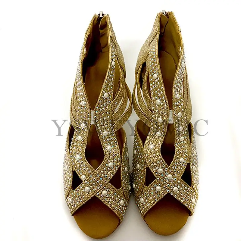 2021 Gold Women Dance Shoes Salsa Rhinestones Shoes Social Party Shoes for Female Samba Latin Dance Shoes Low Heel 6cm 2inch