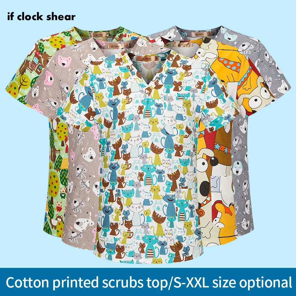 

Скрабы, рабочая одежда, разноцветные рабочие топы для зоомагазина, мультяшная лабораторная рубашка с принтом, дышащие скраб-топы унисекс