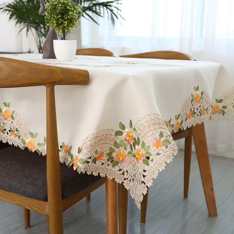 

European Embroidered Tablecloth Cotton Linen Hand Crocheted Lace Hem Table Cloth Washable for Tea Table Table Cover Home Textile