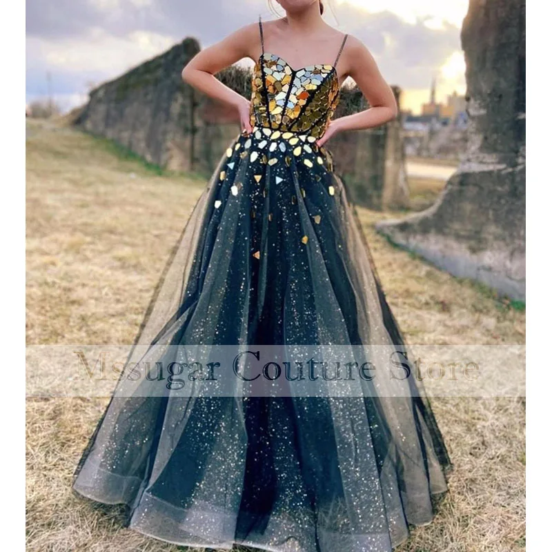 

2021 Spaghett Straps Prom Dresses Sequins Beading Crystal Tulle Celebrity Gowns Vestido De Fiesta