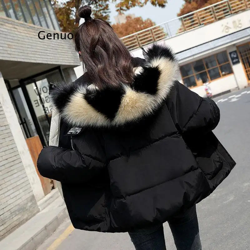 Winter 2021 Down Padded Jacket New Women's Loose Coat Cotton-Padded Outwear Short Overcoat Hooded Big Fur Collar Female Tops