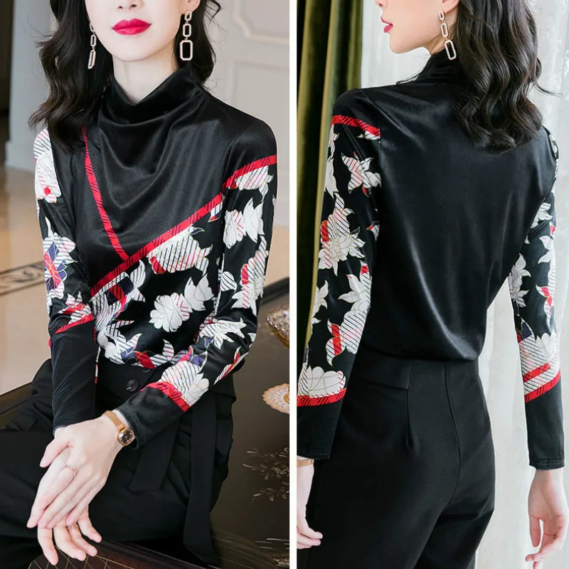 

New Fashion Western-style Print Half-high Collar Long-sleeved Blouse Gold Velvet Bottoming Shirt Women