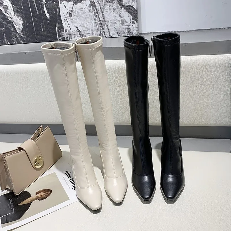 2022 white black white ladies knee high boots PU leather pointed toe ladies short plush ladies winter boots