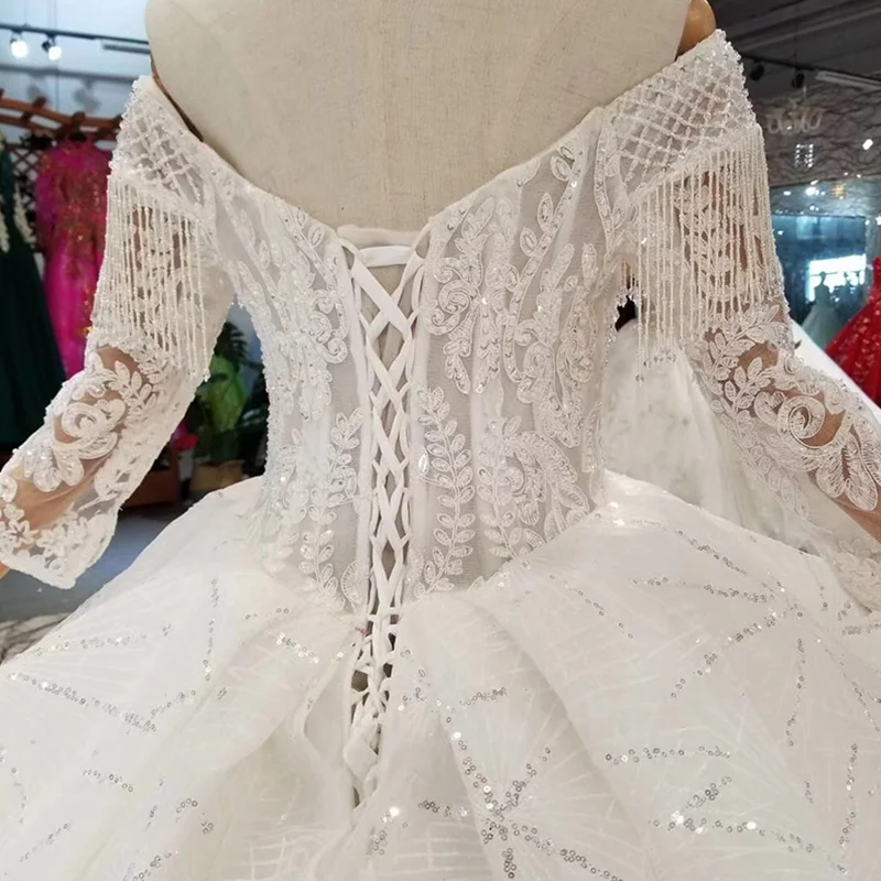 LSS147 новый дизайн свадебные платья с бахромой открытыми плечами Милое Свадебное