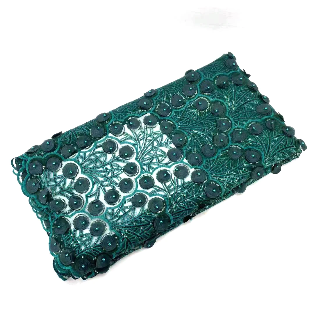 Темно зеленое кружевное платье ткань с вышивкой блестящая французская сетка