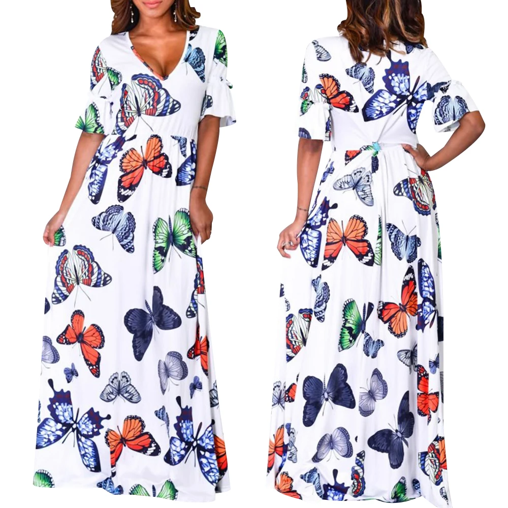 

Women Summer Dress Ladies Fashion Butterfly Print Daily Short Sleeve Vintage Bohemia V Neck Maxi Dress Sundress for Female D30