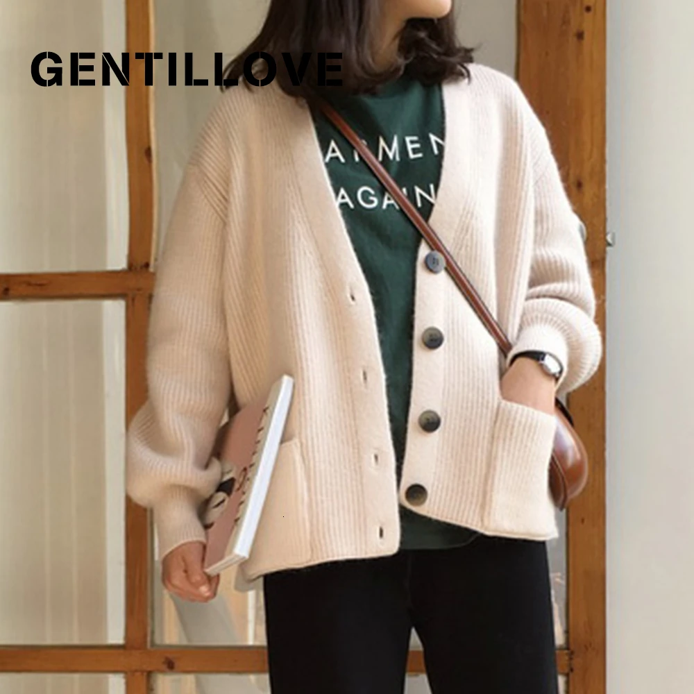 

Женский свободный свитер в Корейском стиле Gentillove, однобортные вязаные Жакеты на осень и зиму, трикотажное Пальто Harajuku, элегантная верхняя о...