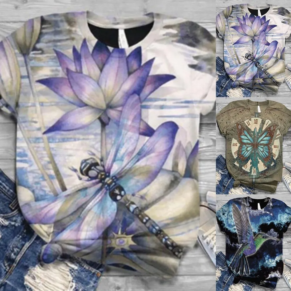 

Harajuku Woman Tshirts Plus Size Women Short Sleeve Dragonfly Printed O-Neck T-Shirt Graphic T Shirts Tops Women 2021