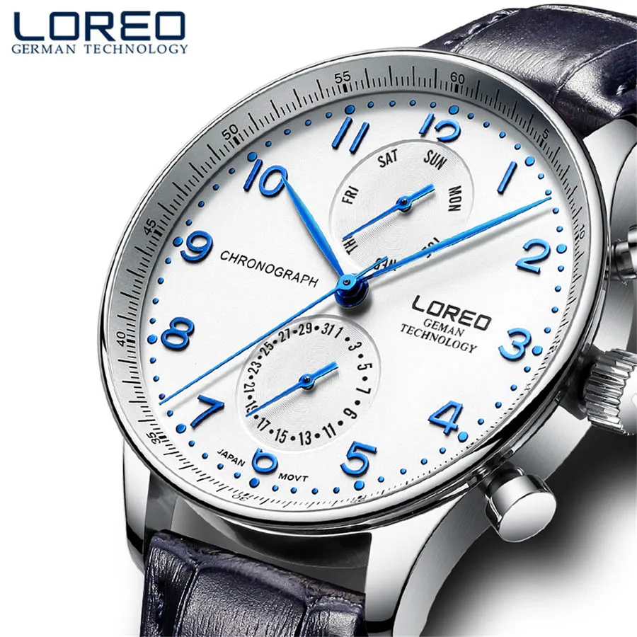 

LOREO Mens Multifunction Dial Leather Band Business Quartz Wrist Watches With Week Date 50M Waterproof Watch Montre Homme 6110