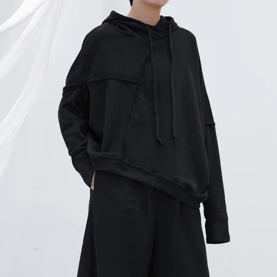 

Новинка, стильная толстовка, самодельная, черная, худи неправильной формы, свободная толстовка с капюшоном, пуловер, куртка