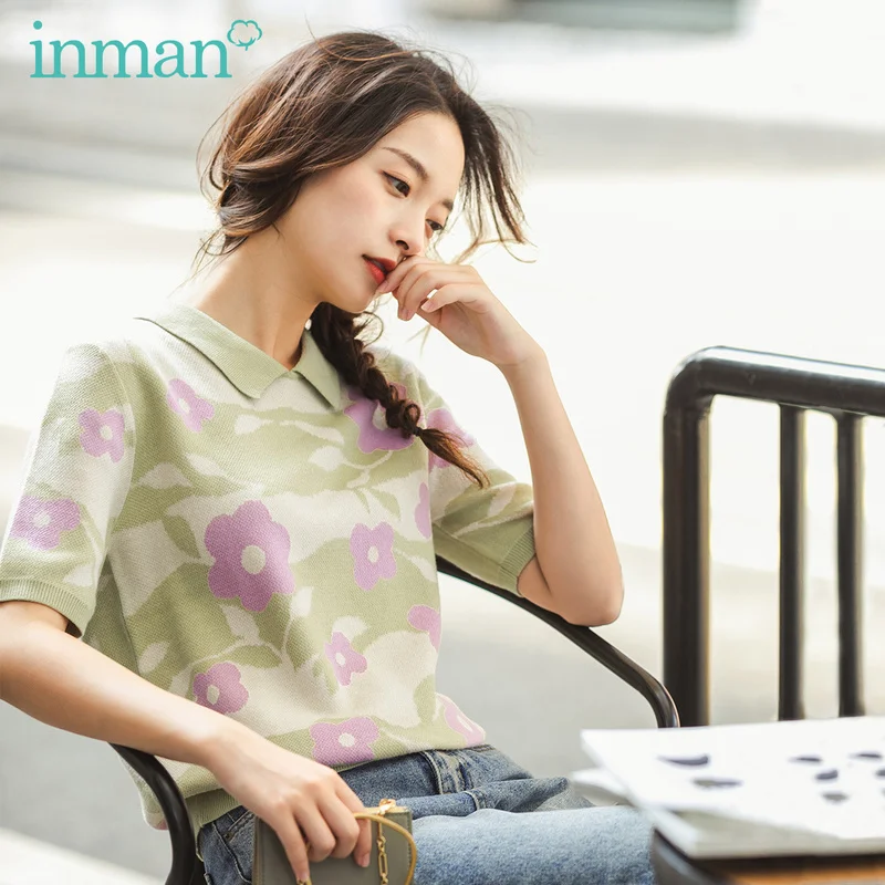 INMAN 2020 Spring New Arrival Literary Lapel Flower Jacquard Weave Base Short Sleeve Knit Sweater | Женская одежда