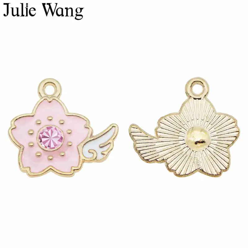 Julie Wang 10 шт. эмалевые розовые цветы крыло шармы с Стразы золотое искусственное