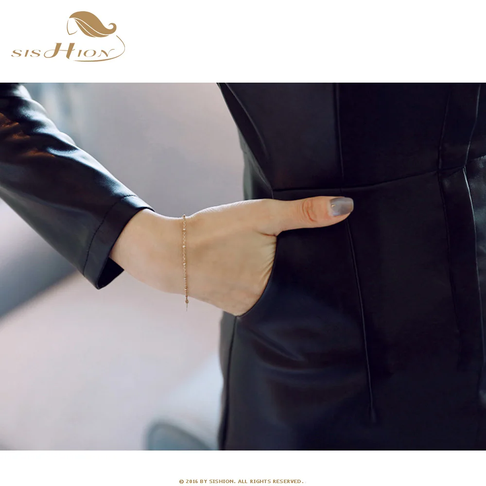 

SISHION Autumn Casual Faux Leather dress women black sexy stand collar front zip pocket Slim pencil dress SP0808