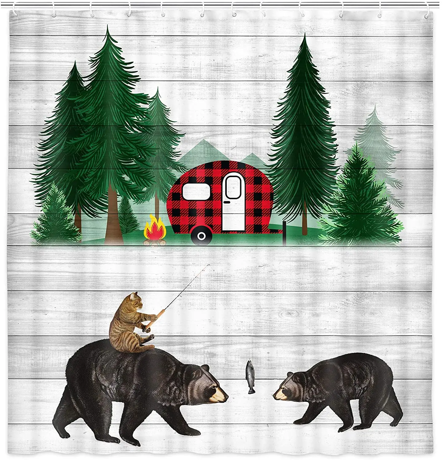

Cabin Bear Shower Curtain for Farmhouse Decor Rustic Lodge Woodland RV Wildlife Bear and Cat in Forest Camping Shower Curtain