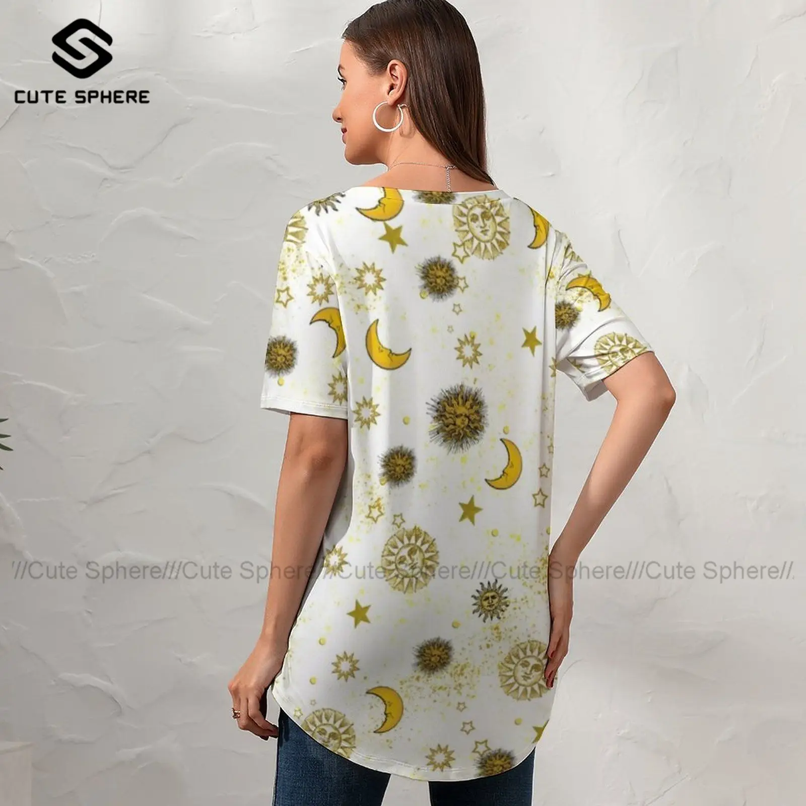 

Sun Moon T Shirt New Fashion Lady Casual T-Shirt Short-Sleeve Printed V Neck Tee Shirt Plus Size