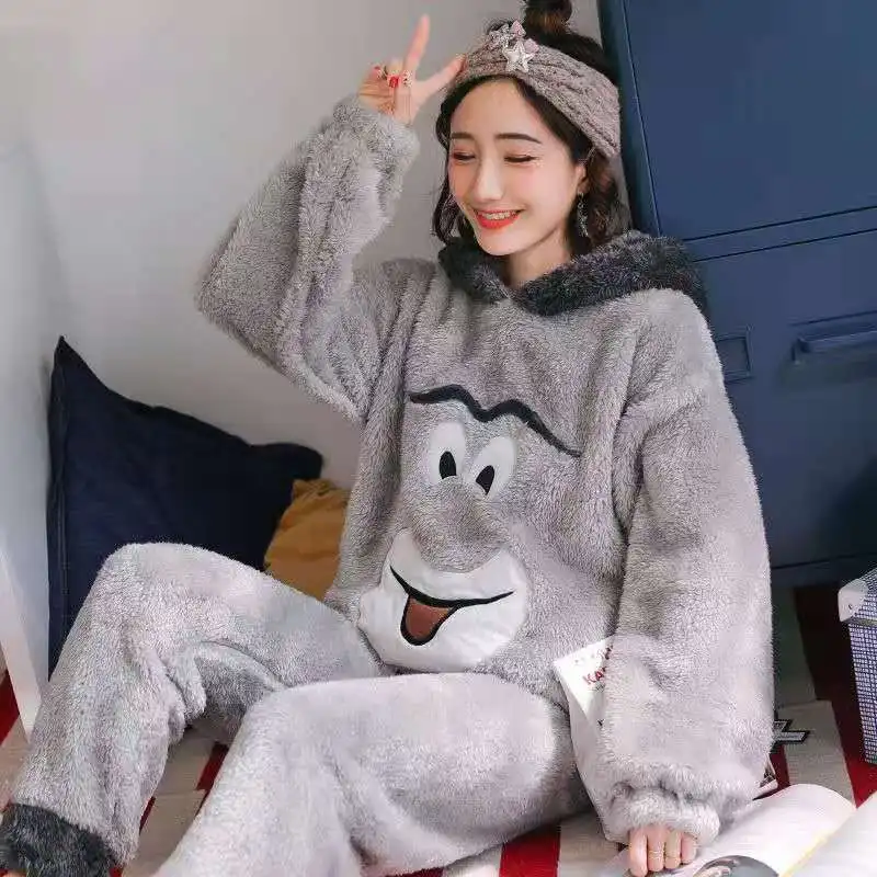 Thick Clothing Set Kartoon Kawaii Sleepwer 2021 Winter Women's Pajamas Coral Fleece Warm Woman 2 Pieces Hooded Trouser Suits | Женская