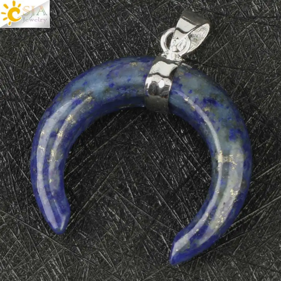 Lapis Lazuli Csja натуральный хрустальный каменный кулон серебряного цвета ожерелья полумесяц двойная Подвески в виде рога для женщин и мужчин целебные ювелирные изделия G159 - Окраска металла: Lapis Lazuli