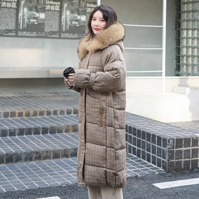 

Winter jacket down jacket long style winter 2019 new Korean version loose knee thick Plaid large-collar student cotton jacket