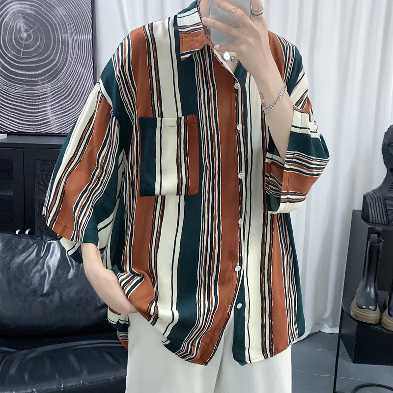 

2021 New Short Sleeve Mens Shirts Spring Summer Fashion Striped Loose Shirt Male Streetwear Casual Clothes Plus Size 2XL