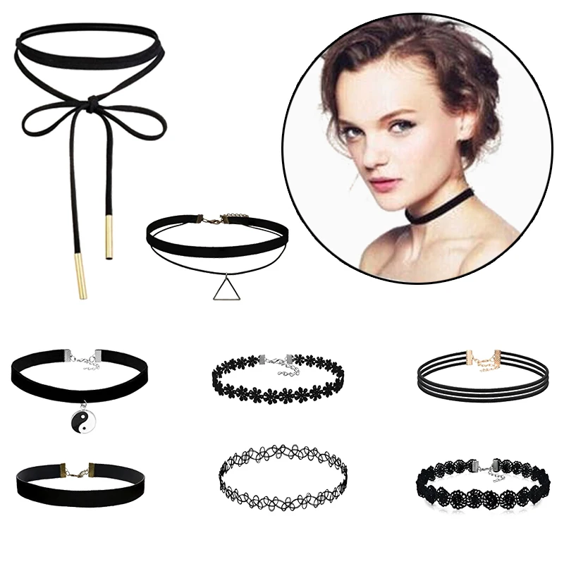 8Pcs/set Sexy Black Gothic Punk Velvet Tattoo Lace Choker Necklace Long Pendant Jewelry Women Collar Chocker | Украшения и