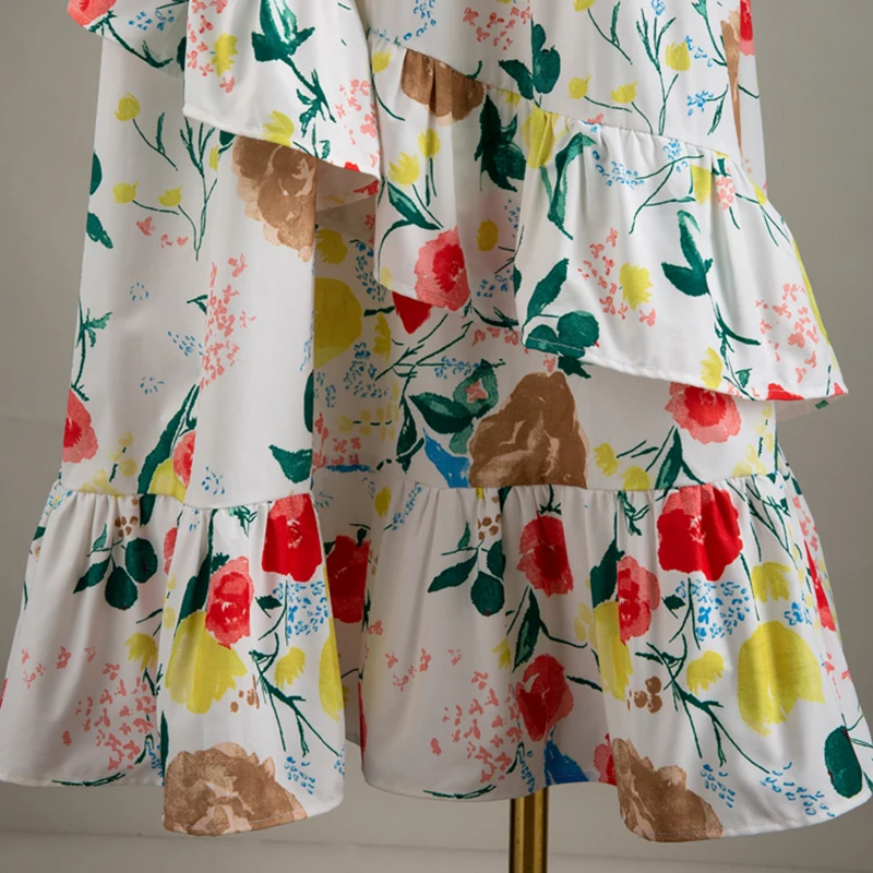 

VGH Vintage Patchwork Ruffle Print Dress For Women O Neck Puff Sleeve High Waist Hit Color Elegant Dresses Female Fashion New