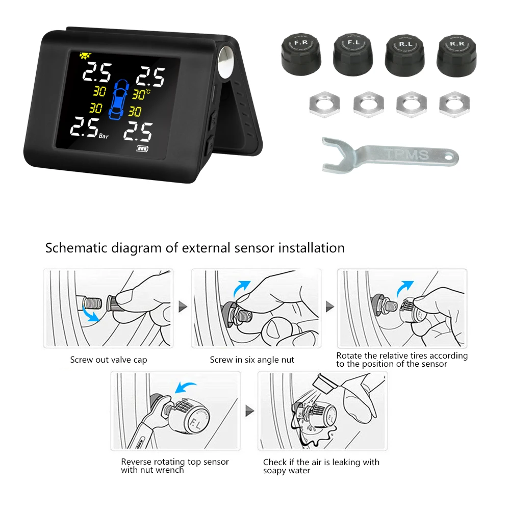 Система контроля давления в шинах TPMS СВЕТОДИОДНЫЙ цветной большой экран зарядка