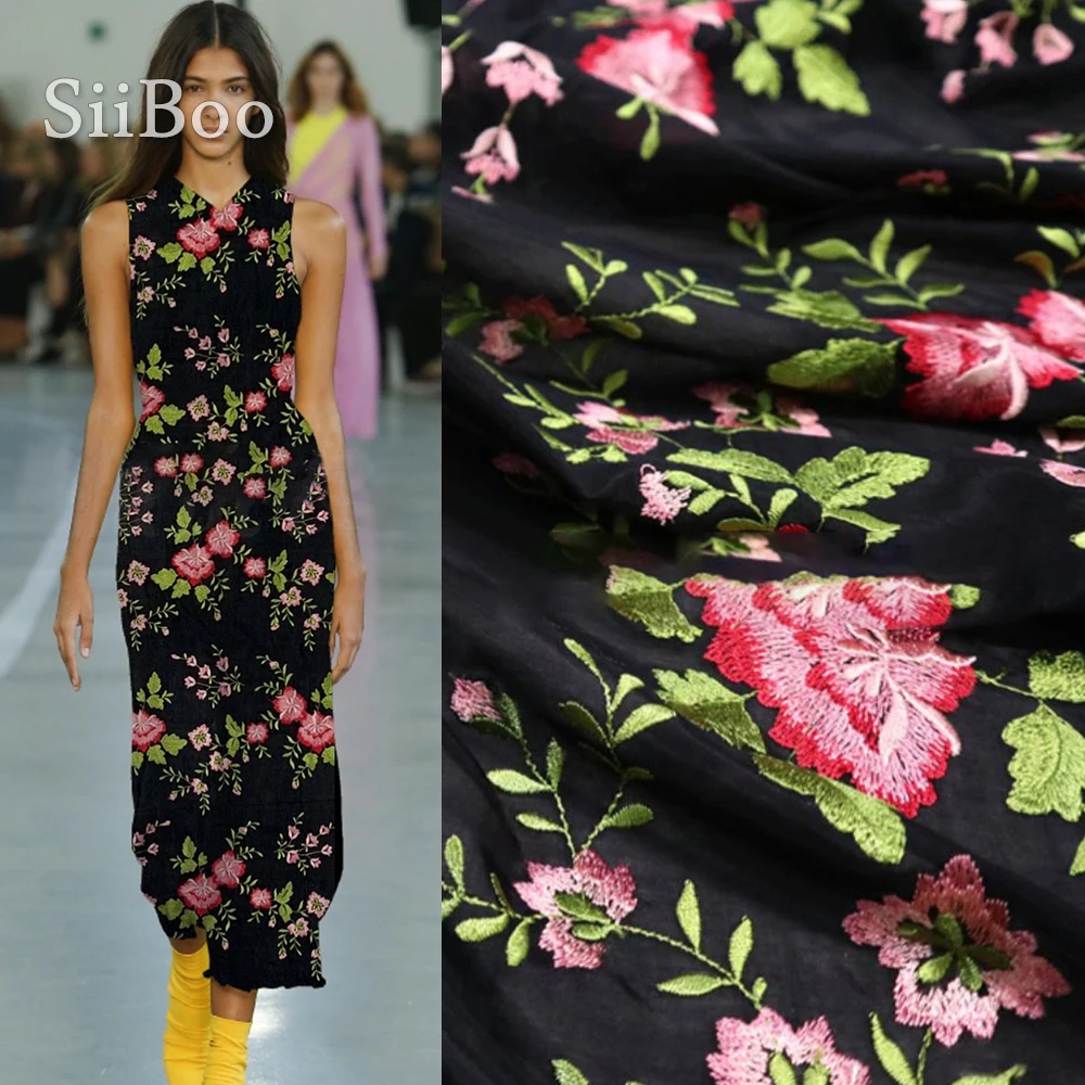 

siiboo french style elegent allover rose embroidery silk cotton fabric with 140cm width for dress Tissu en soie brodé sp6239
