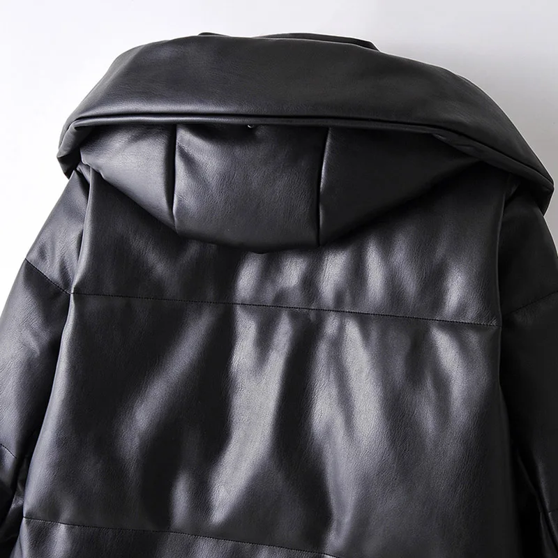 Lady Pu Leather Midi Long Hooded Tops Winter Casual Faux Leather Black Coat Women Long Sleeve Thick Warm Jacket